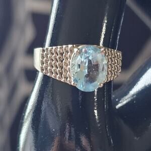 Sterling Silver Blue Topaz Ring Sz 8.5 925 CCC Signed Vintage Mesh Band Jewelry